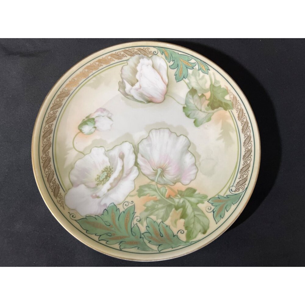 Antique RS Germany Elegant White Poppy 8” Hand Painted Porcelain Gold Rim Plate